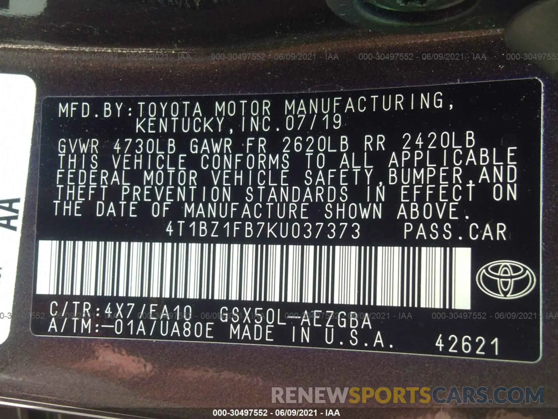 9 fotografías del automóvil dañado 4T1BZ1FB7KU037373 TOYOTA AVALON 2019