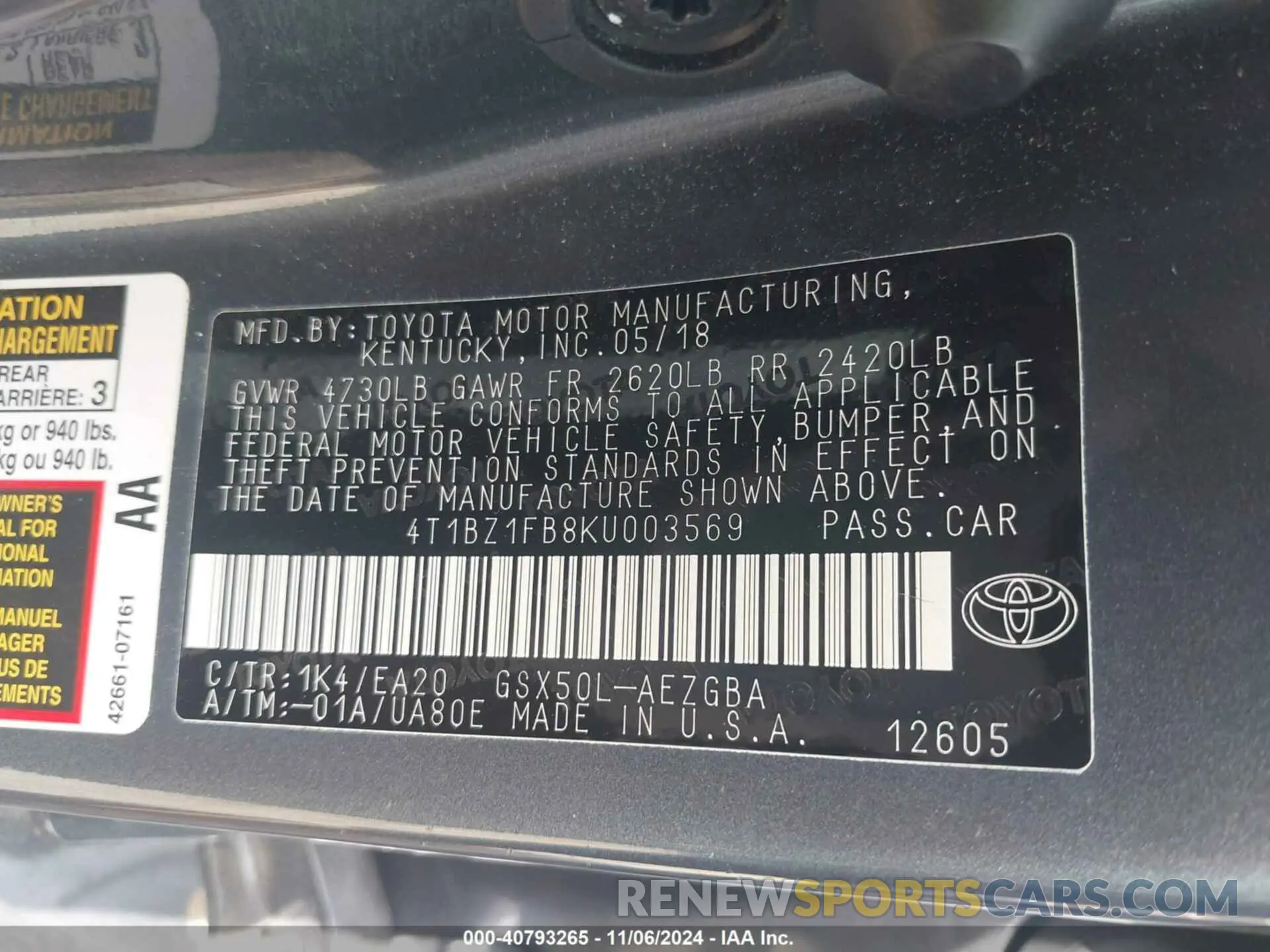 9 fotografías del automóvil dañado 4T1BZ1FB8KU003569 TOYOTA AVALON 2019