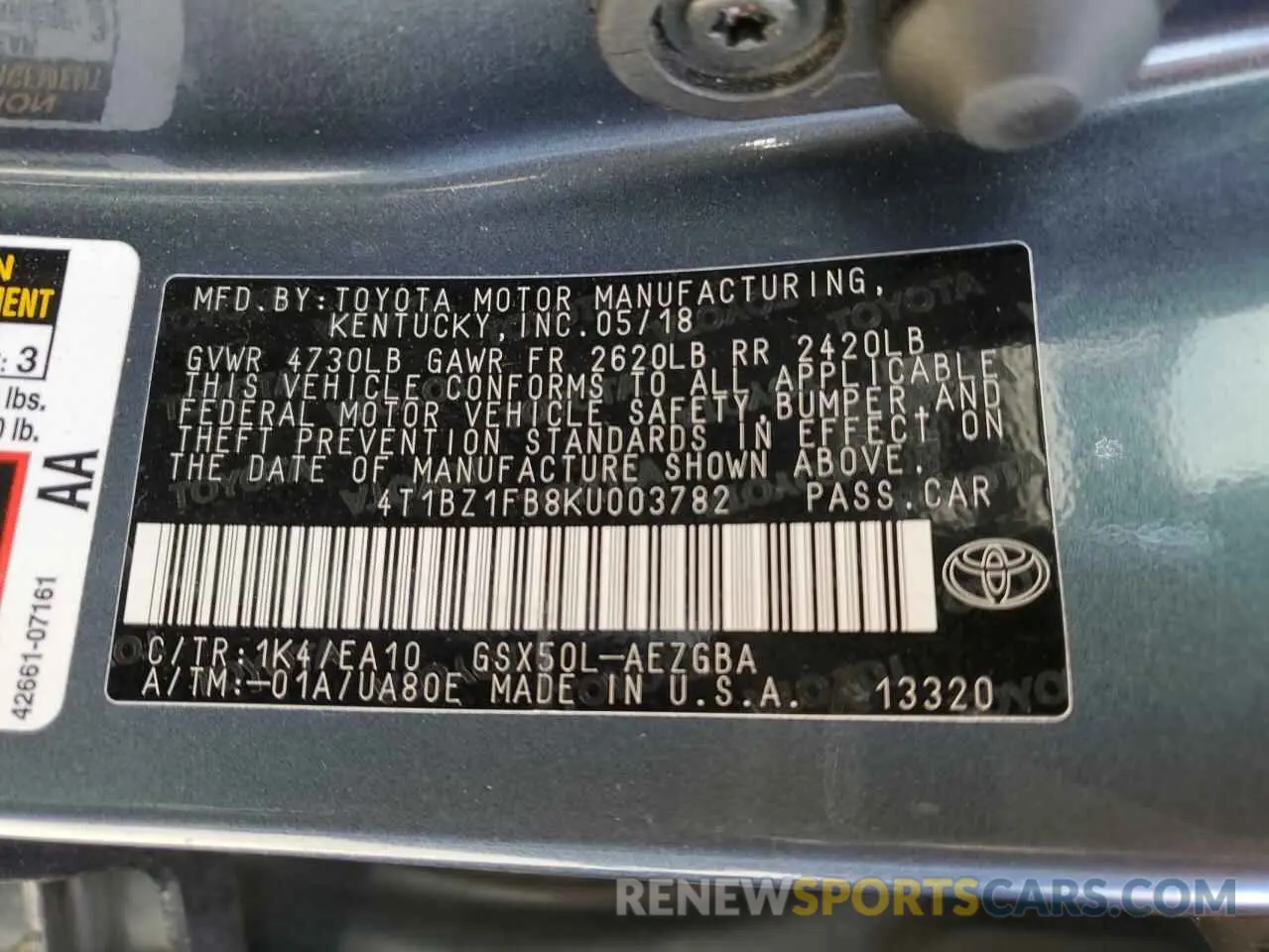 12 fotografías del automóvil dañado 4T1BZ1FB8KU003782 TOYOTA AVALON 2019