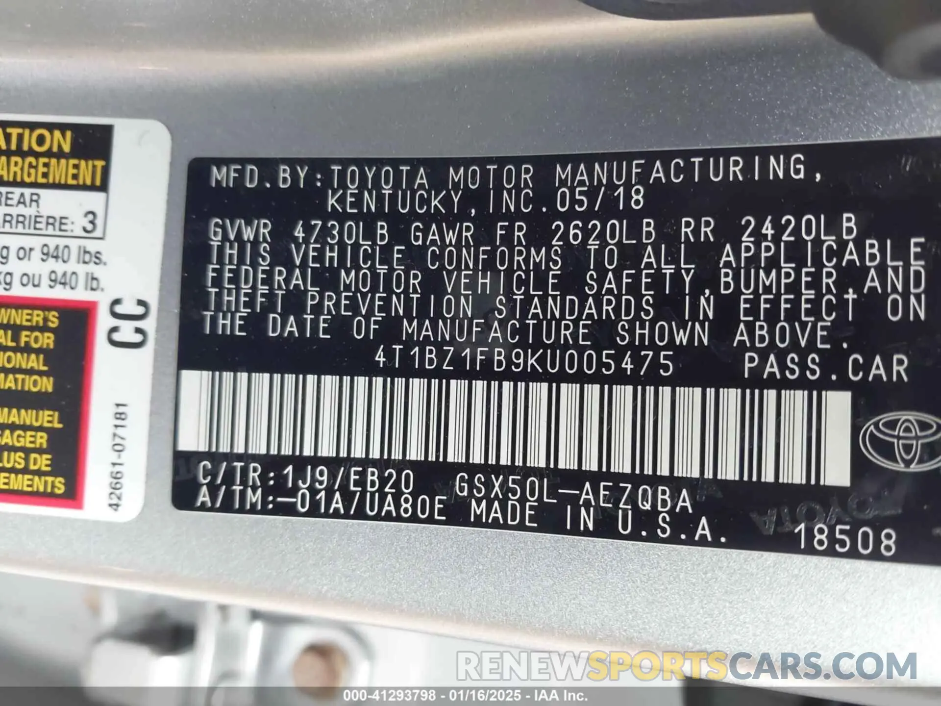9 fotografías del automóvil dañado 4T1BZ1FB9KU005475 TOYOTA AVALON 2019