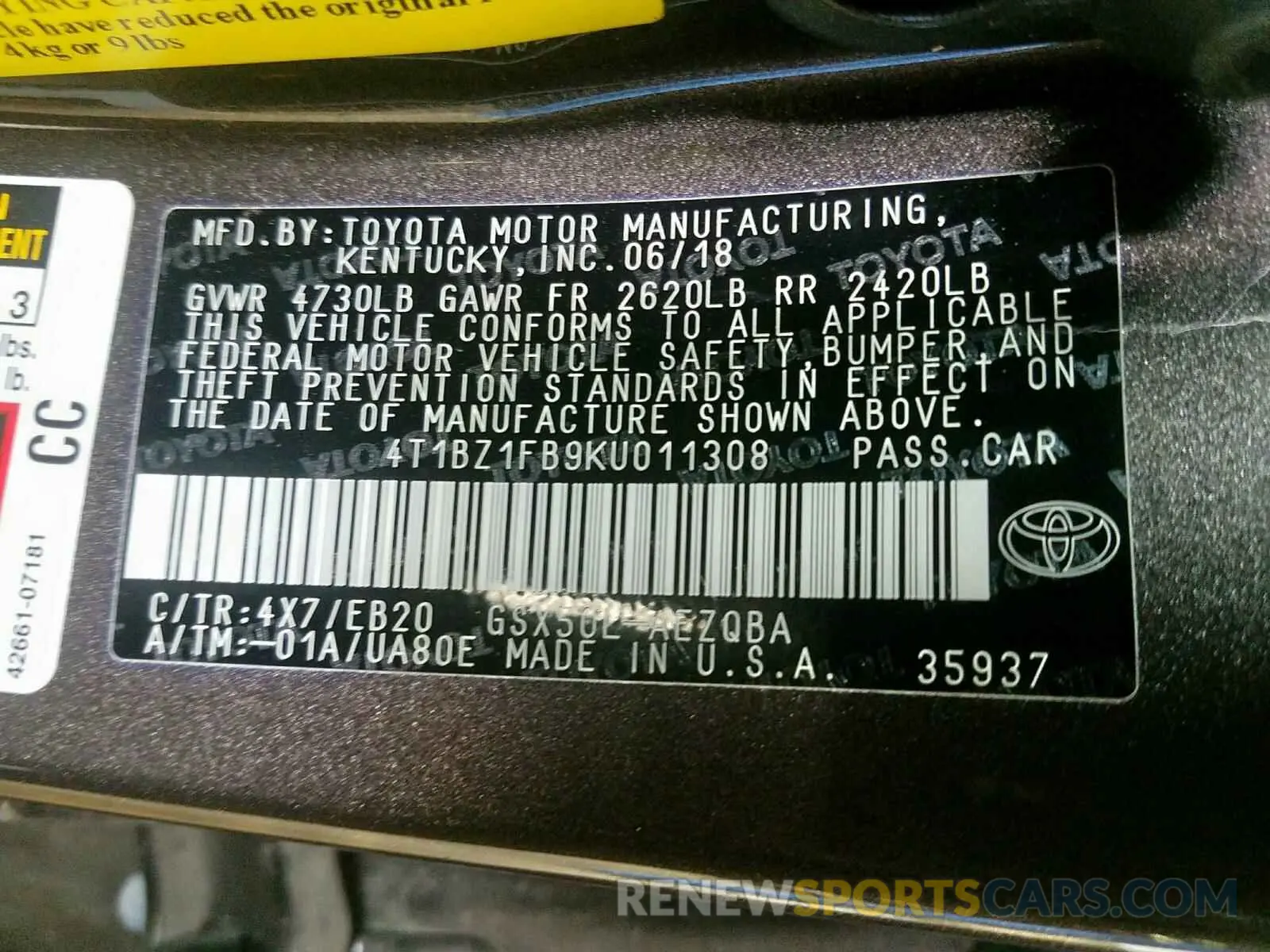 10 fotografías del automóvil dañado 4T1BZ1FB9KU011308 TOYOTA AVALON 2019