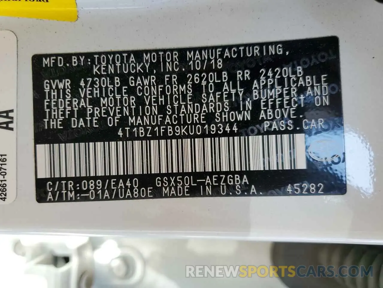 12 fotografías del automóvil dañado 4T1BZ1FB9KU019344 TOYOTA AVALON 2019