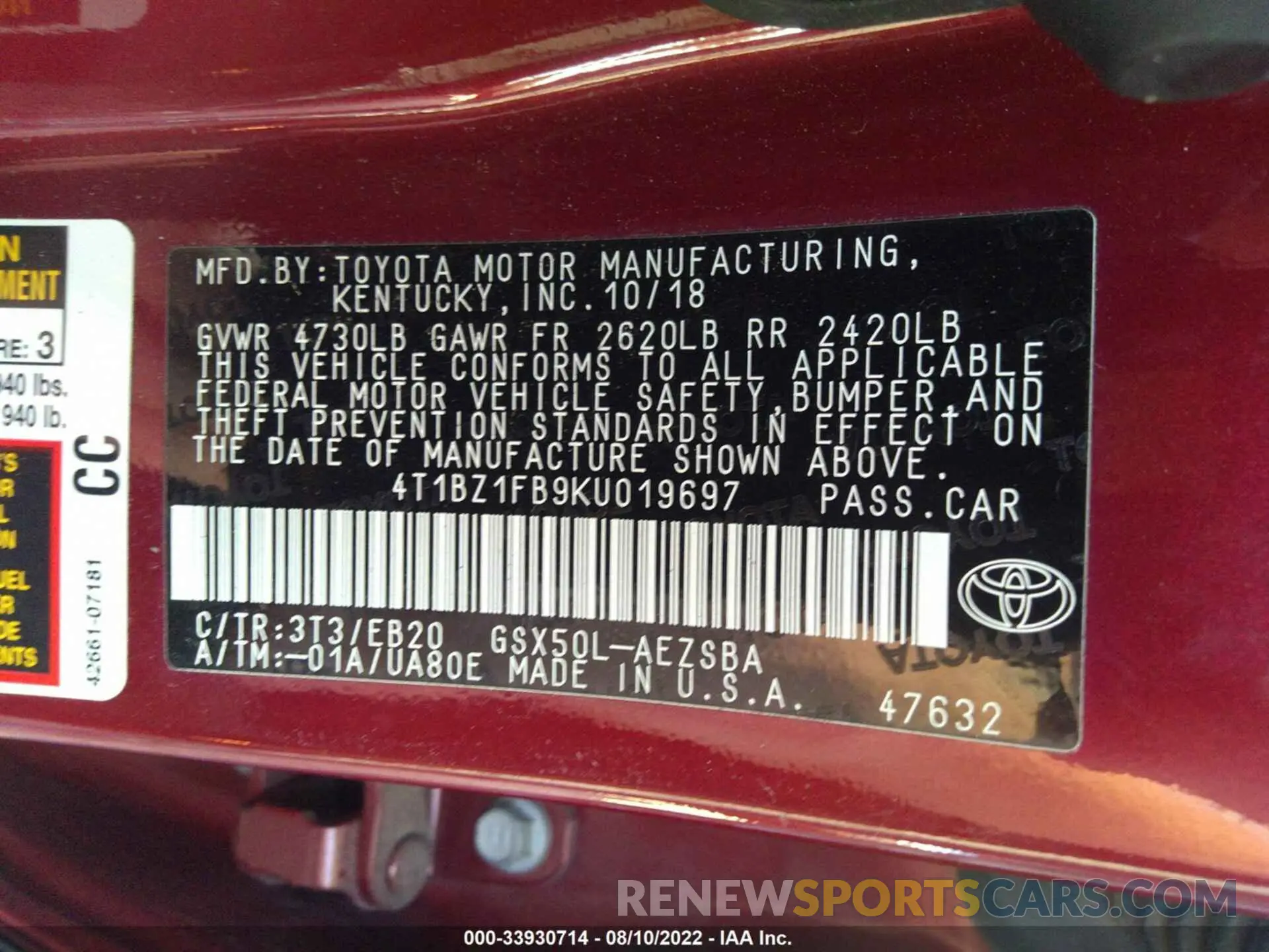 9 fotografías del automóvil dañado 4T1BZ1FB9KU019697 TOYOTA AVALON 2019