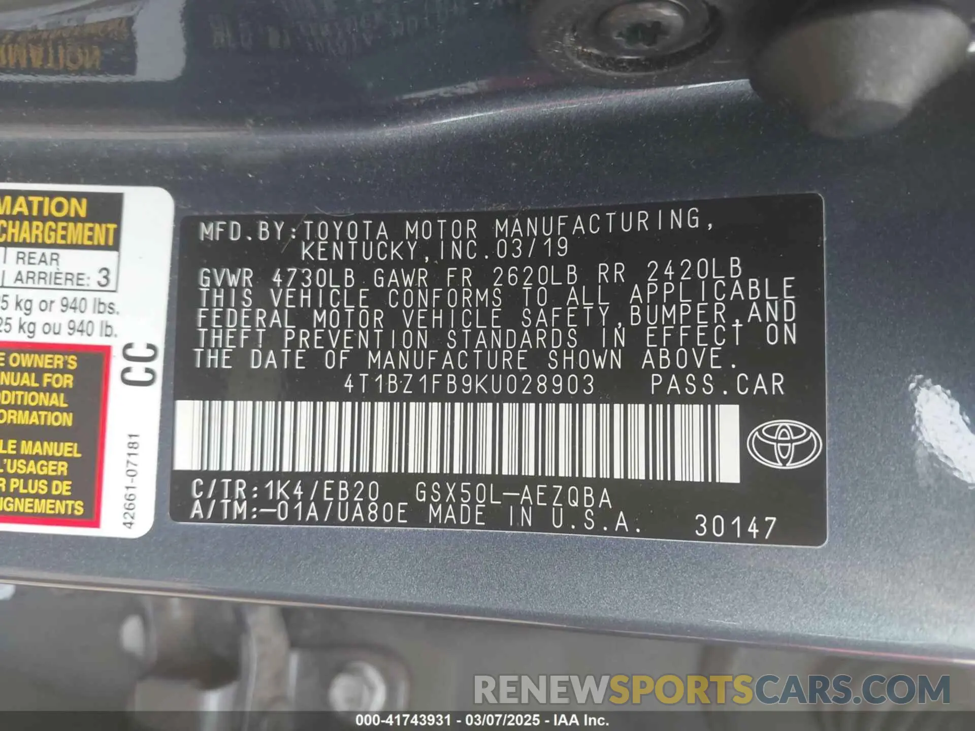 9 fotografías del automóvil dañado 4T1BZ1FB9KU028903 TOYOTA AVALON 2019