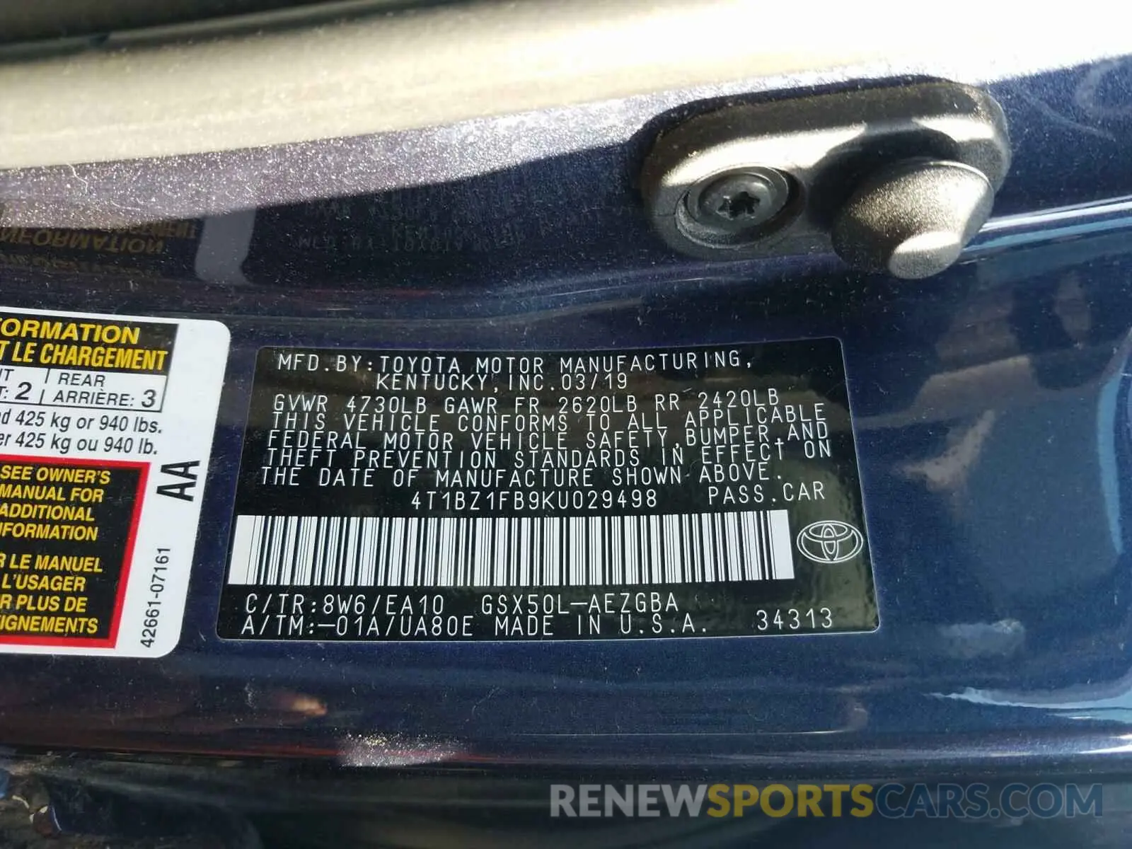 9 fotografías del automóvil dañado 4T1BZ1FB9KU029498 TOYOTA AVALON 2019