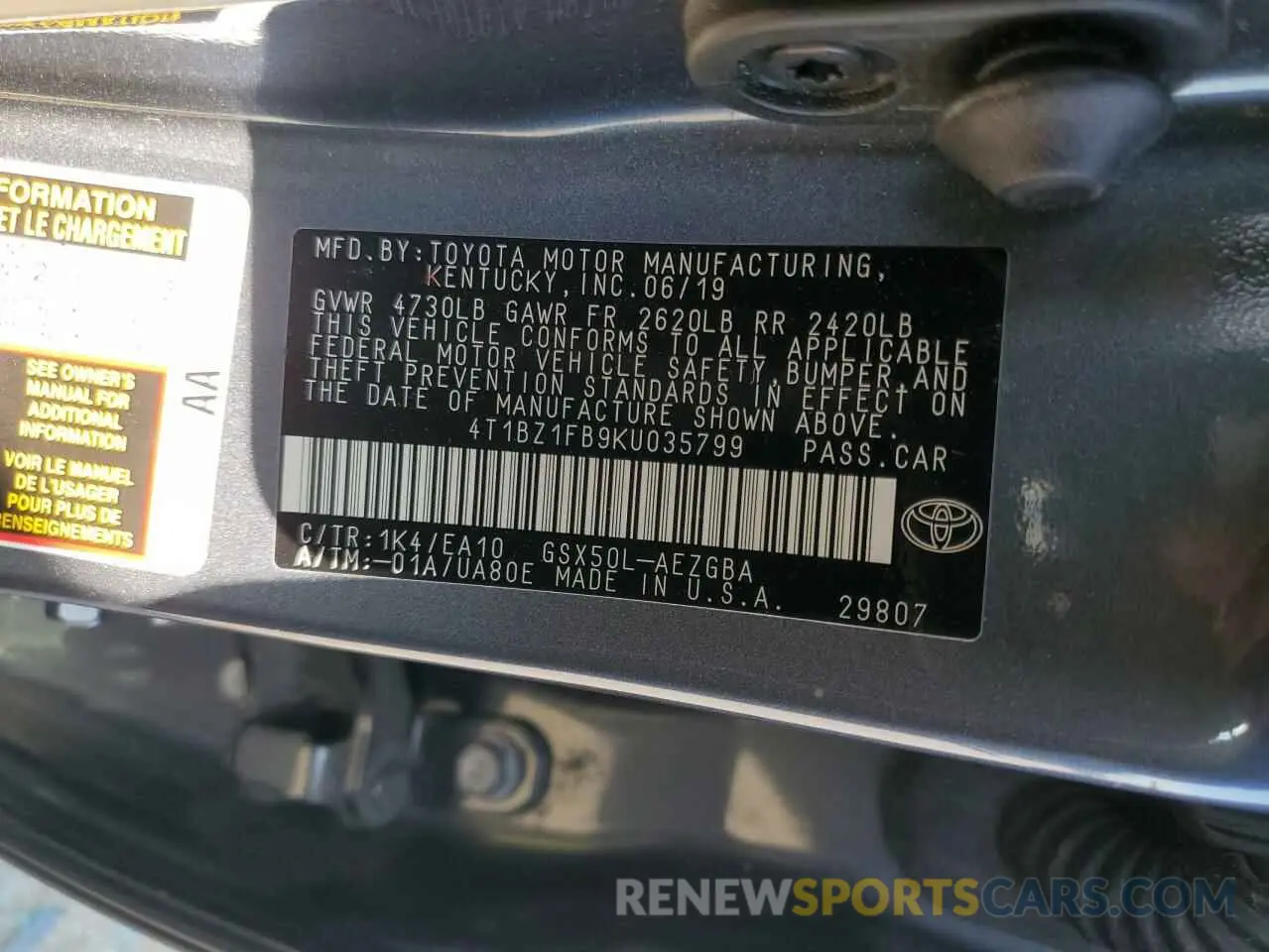 12 fotografías del automóvil dañado 4T1BZ1FB9KU035799 TOYOTA AVALON 2019