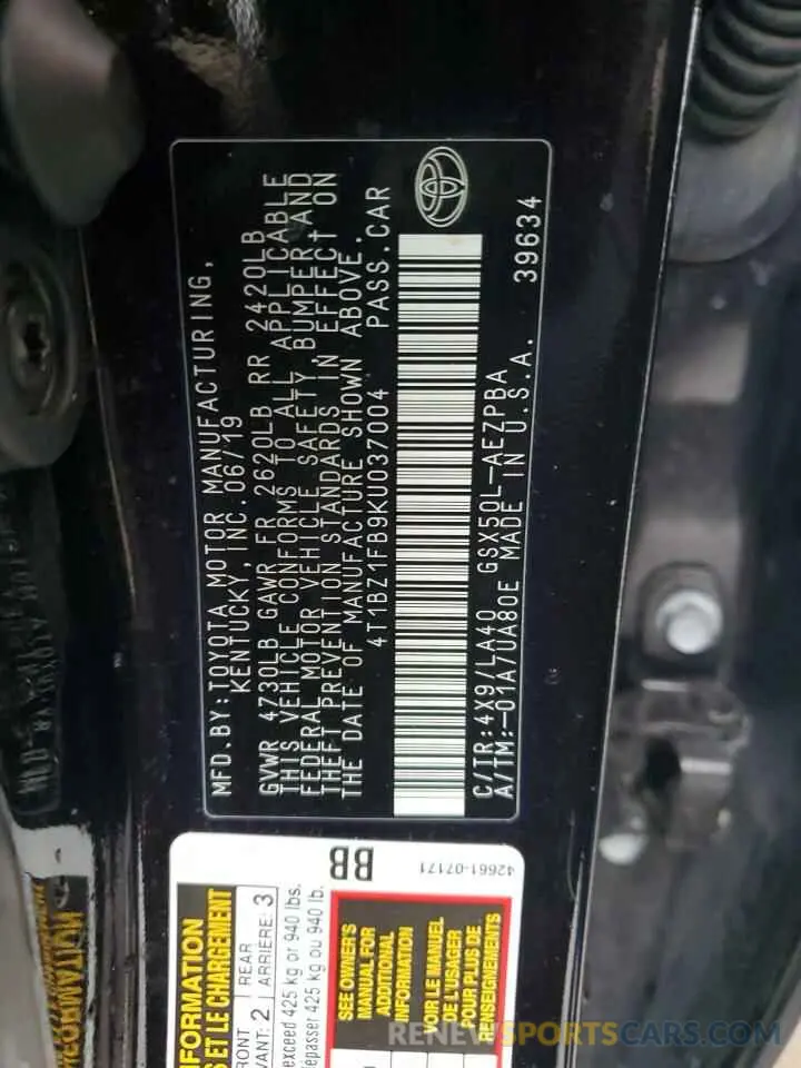 12 fotografías del automóvil dañado 4T1BZ1FB9KU037004 TOYOTA AVALON 2019
