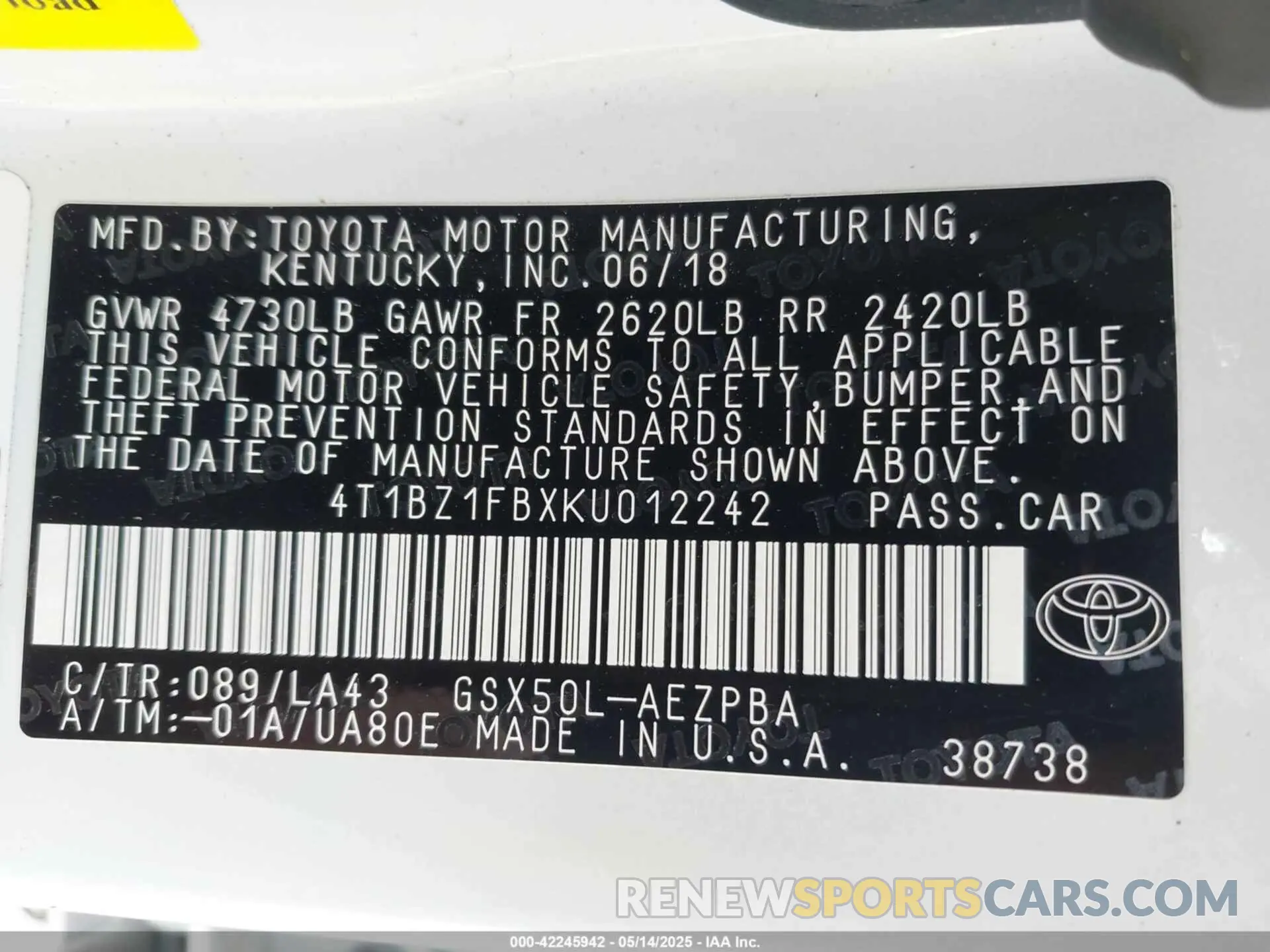 9 fotografías del automóvil dañado 4T1BZ1FBXKU012242 TOYOTA AVALON 2019