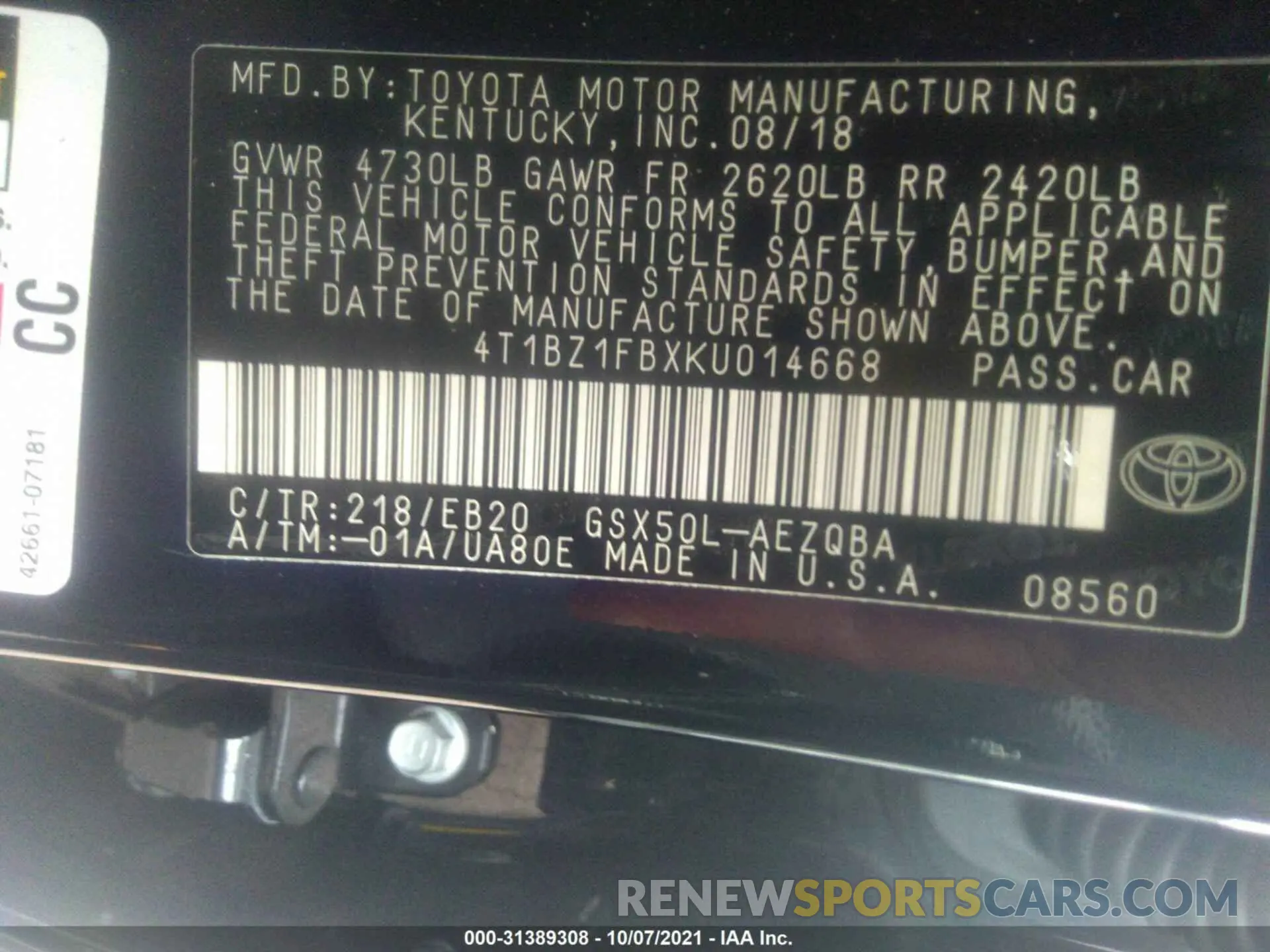 9 fotografías del automóvil dañado 4T1BZ1FBXKU014668 TOYOTA AVALON 2019