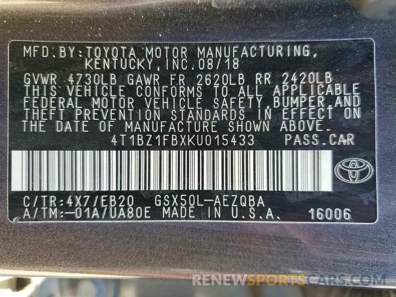 13 fotografías del automóvil dañado 4T1BZ1FBXKU015433 TOYOTA AVALON 2019