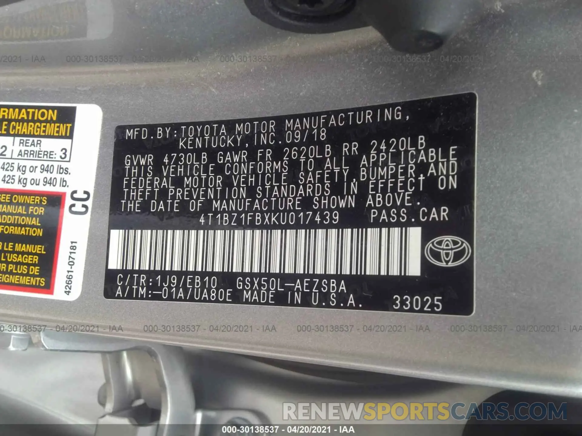 9 fotografías del automóvil dañado 4T1BZ1FBXKU017439 TOYOTA AVALON 2019