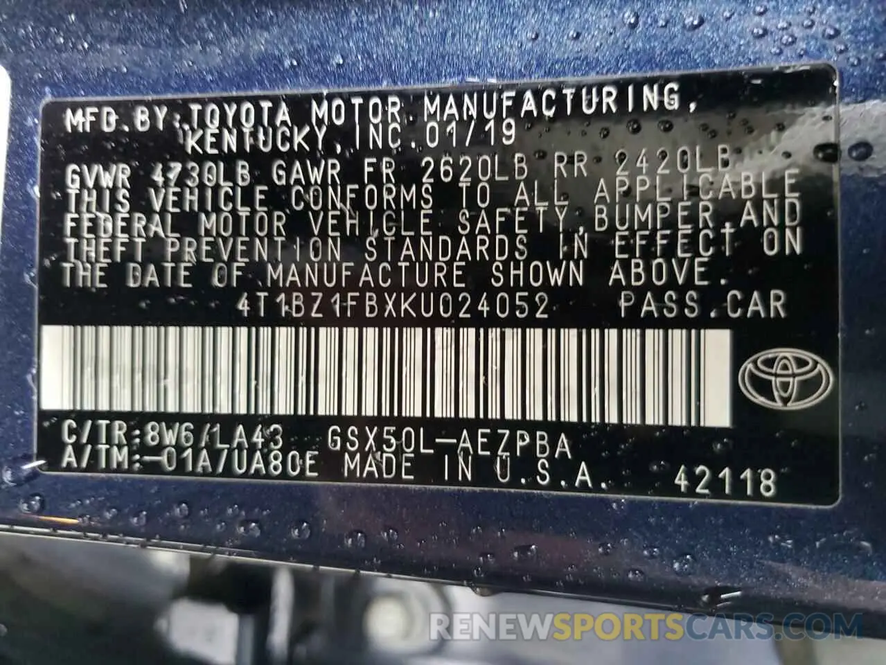 12 fotografías del automóvil dañado 4T1BZ1FBXKU024052 TOYOTA AVALON 2019