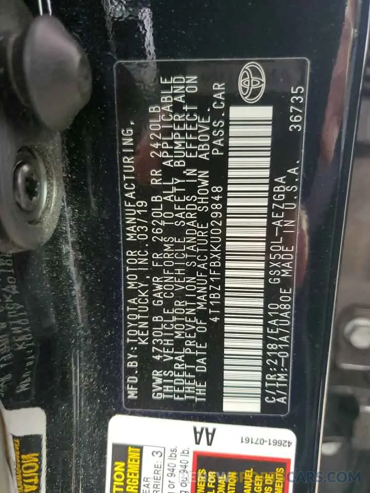 13 fotografías del automóvil dañado 4T1BZ1FBXKU029848 TOYOTA AVALON 2019