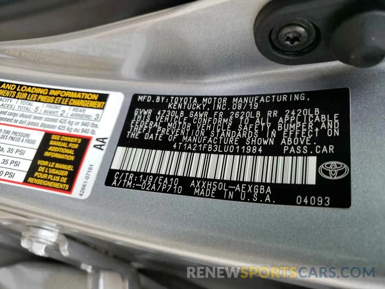 10 fotografías del automóvil dañado 4T1A21FB3LU011984 TOYOTA AVALON 2020