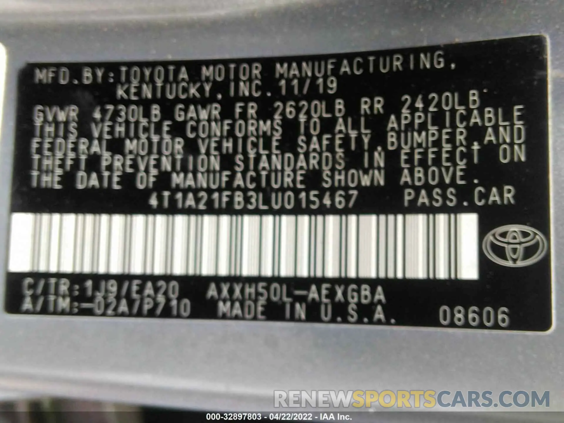 9 fotografías del automóvil dañado 4T1A21FB3LU015467 TOYOTA AVALON 2020