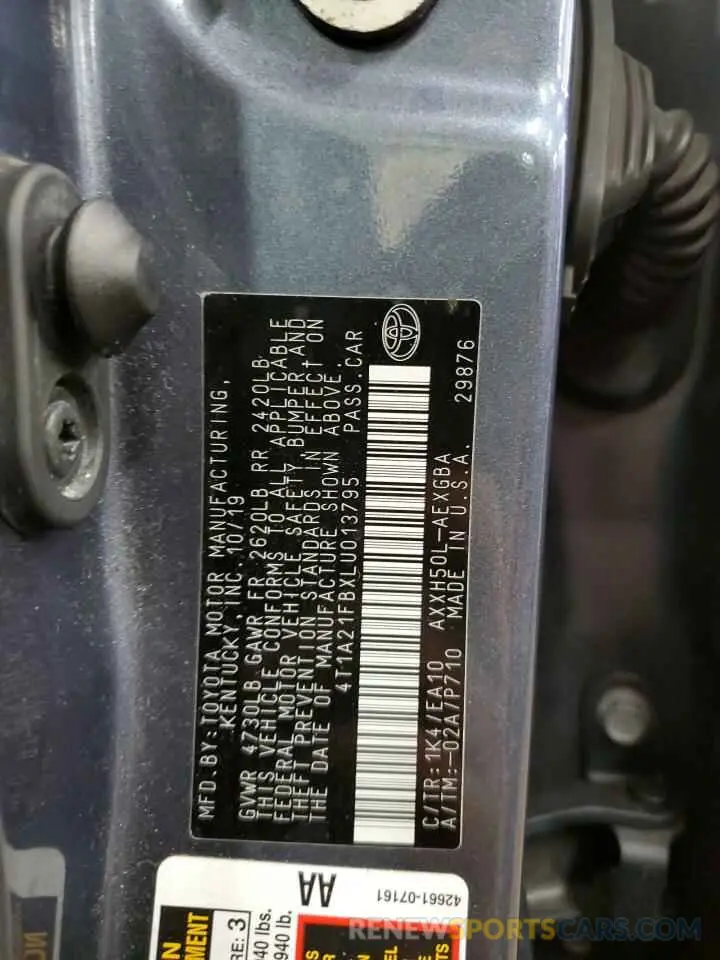 12 fotografías del automóvil dañado 4T1A21FBXLU013795 TOYOTA AVALON 2020