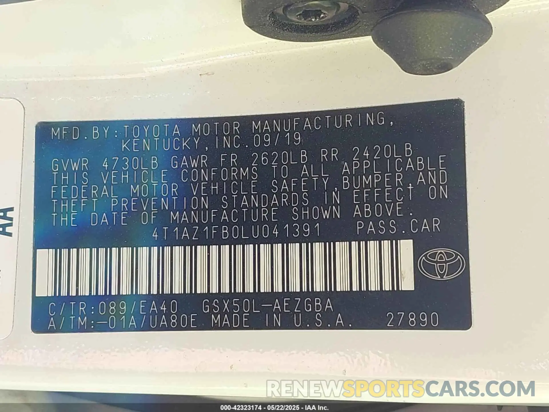 9 fotografías del automóvil dañado 4T1AZ1FB0LU041391 TOYOTA AVALON 2020