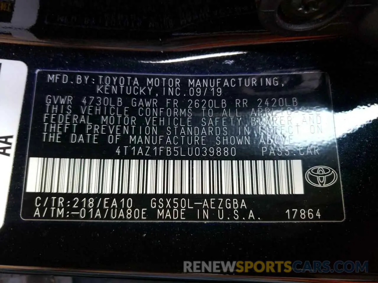 10 fotografías del automóvil dañado 4T1AZ1FB5LU039880 TOYOTA AVALON 2020