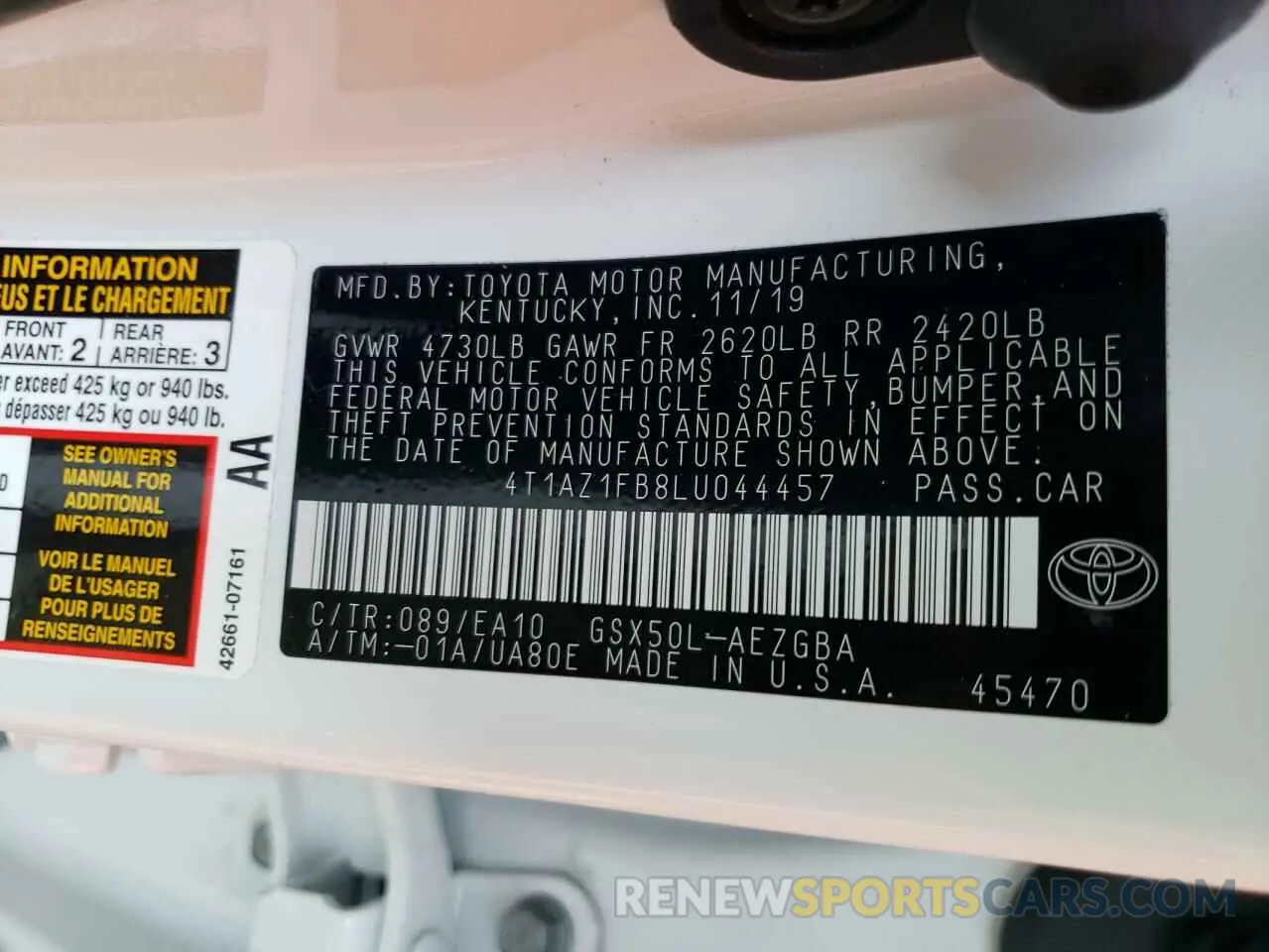 10 fotografías del automóvil dañado 4T1AZ1FB8LU044457 TOYOTA AVALON 2020