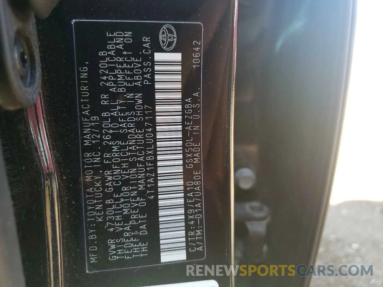 10 fotografías del automóvil dañado 4T1AZ1FBXLU047117 TOYOTA AVALON 2020