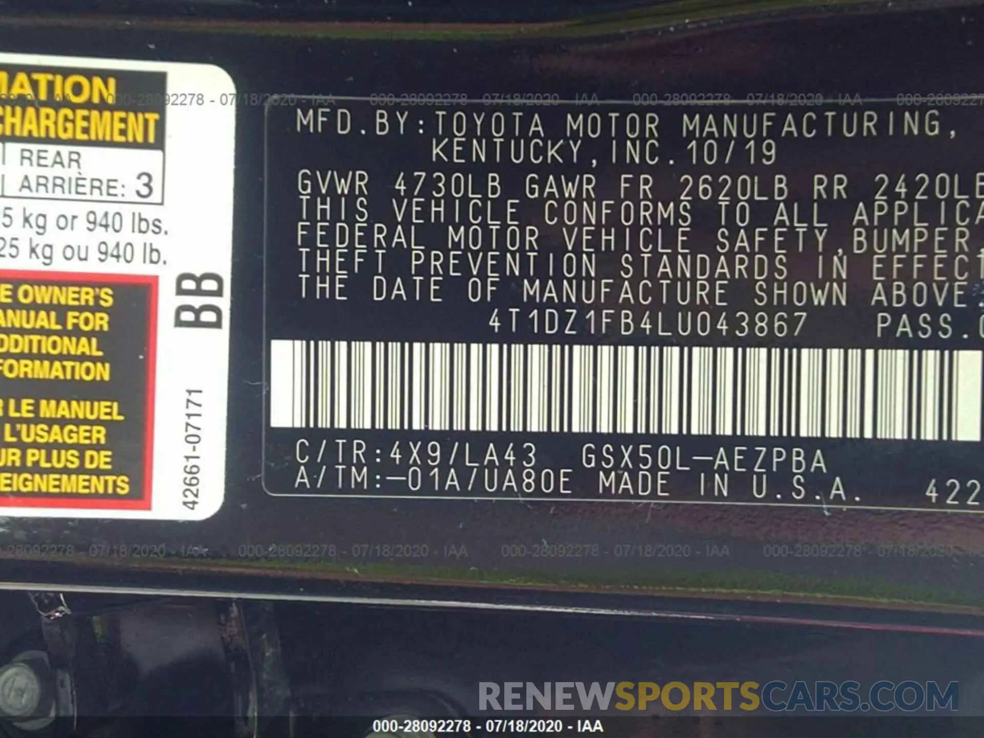 9 fotografías del automóvil dañado 4T1DZ1FB4LU043867 TOYOTA AVALON 2020