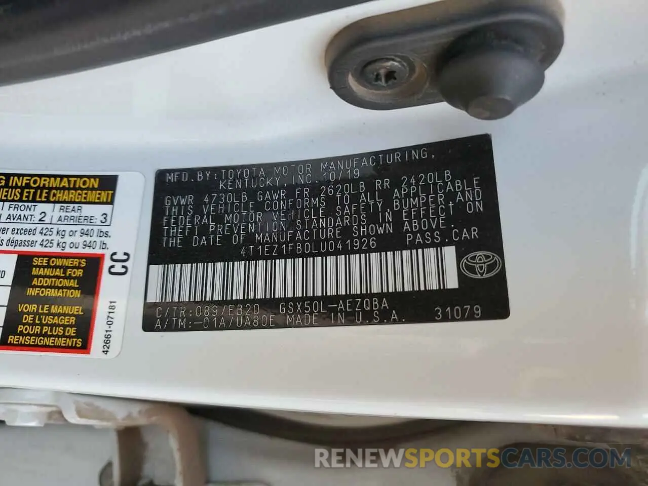 12 fotografías del automóvil dañado 4T1EZ1FB0LU041926 TOYOTA AVALON 2020