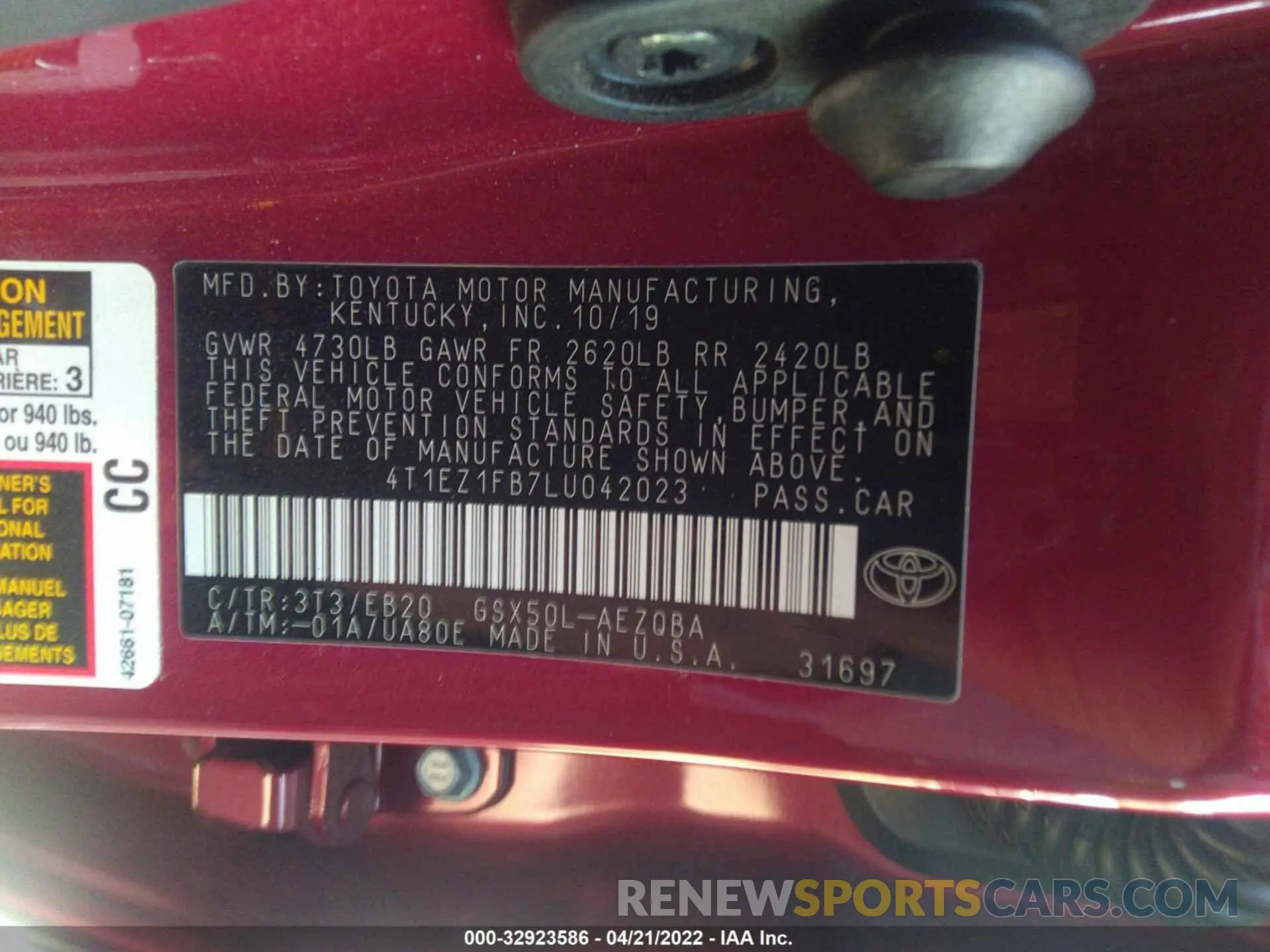 9 fotografías del automóvil dañado 4T1EZ1FB7LU042023 TOYOTA AVALON 2020