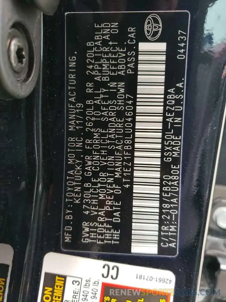 12 fotografías del automóvil dañado 4T1EZ1FB8LU046047 TOYOTA AVALON 2020