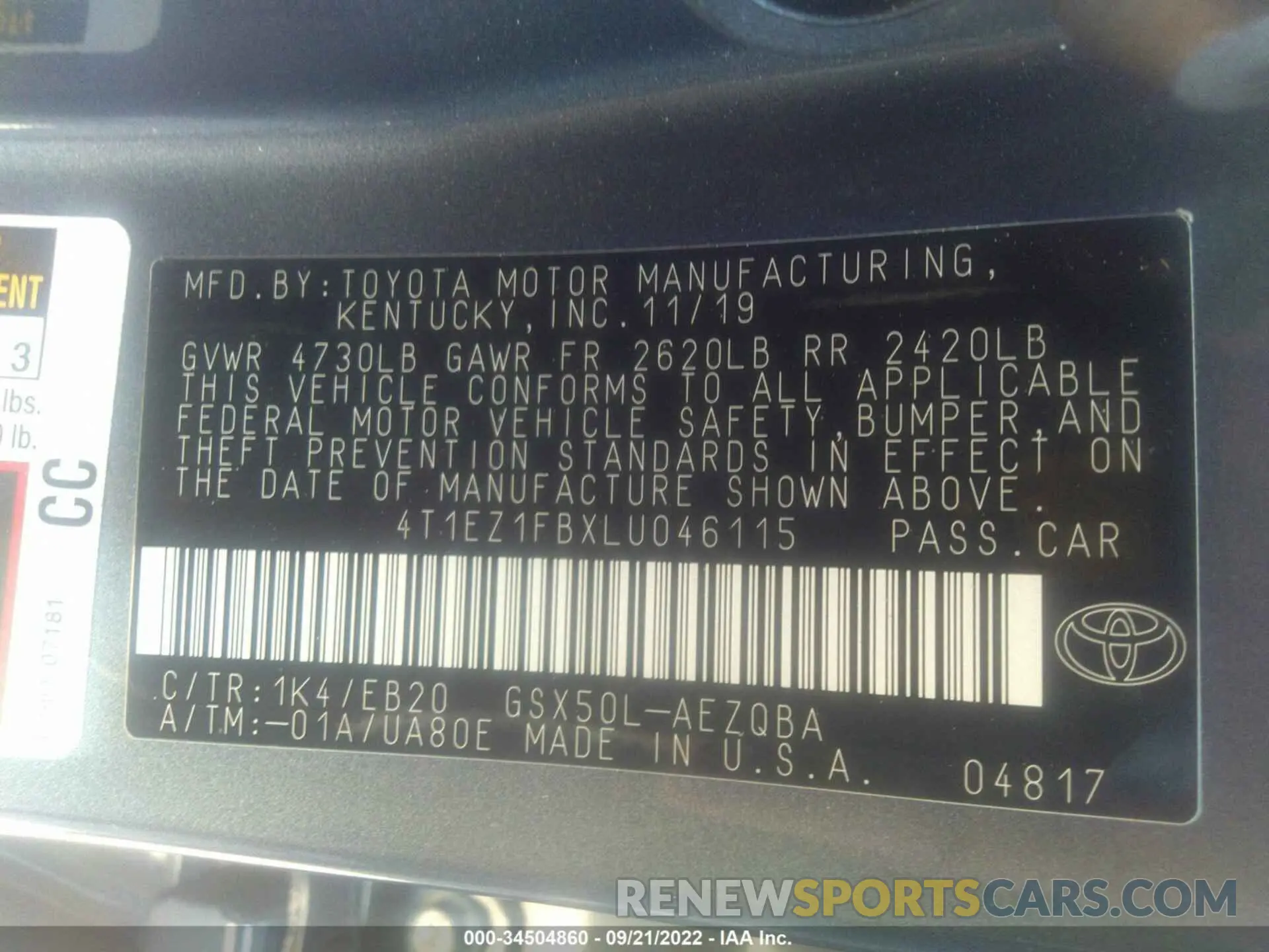 9 fotografías del automóvil dañado 4T1EZ1FBXLU046115 TOYOTA AVALON 2020
