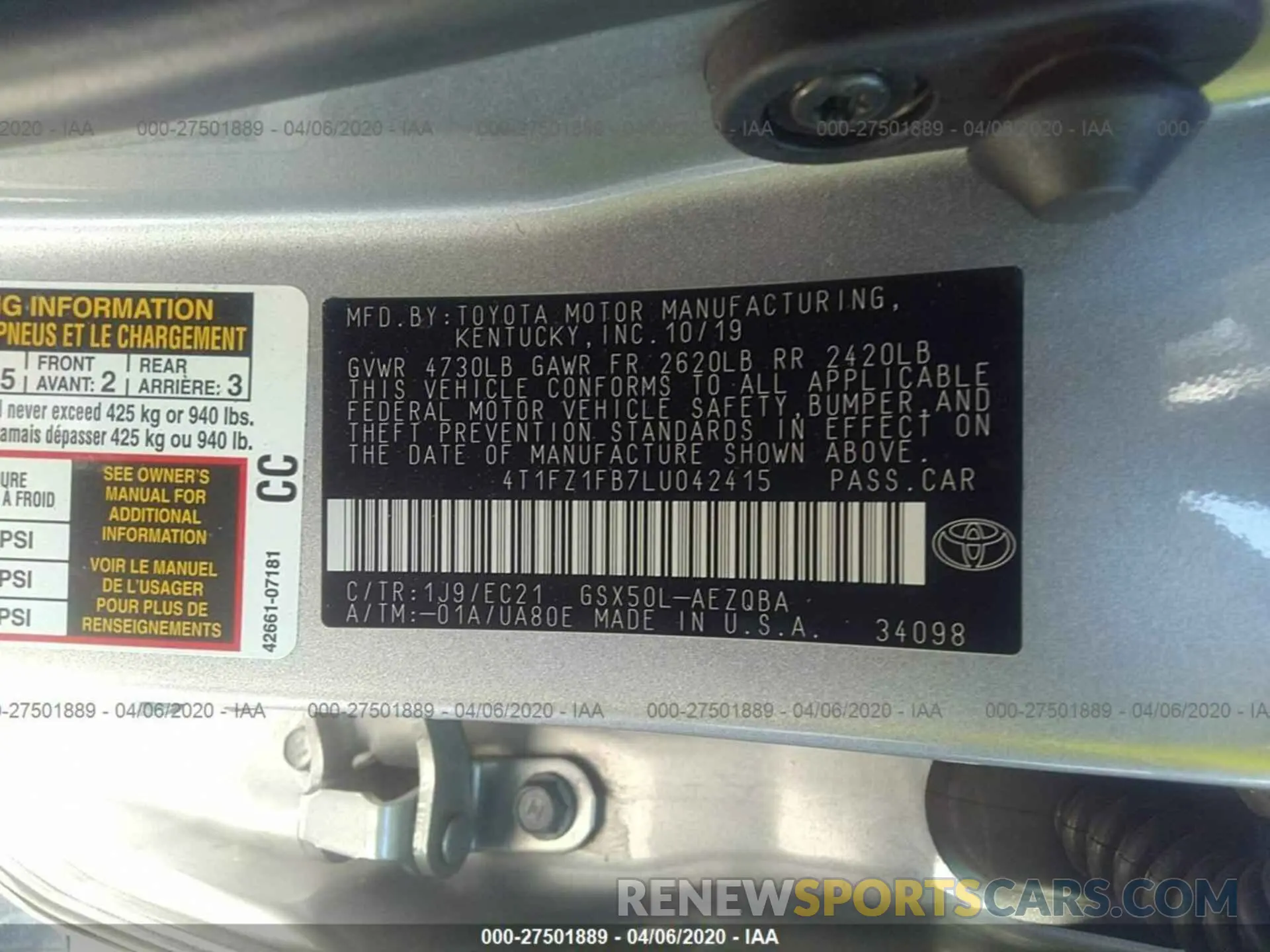 9 fotografías del automóvil dañado 4T1FZ1FB7LU042415 TOYOTA AVALON 2020