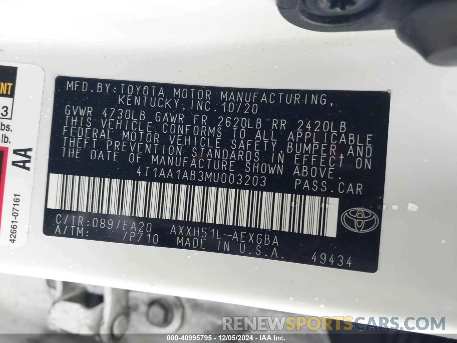9 fotografías del automóvil dañado 4T1AA1AB3MU003203 TOYOTA AVALON 2021