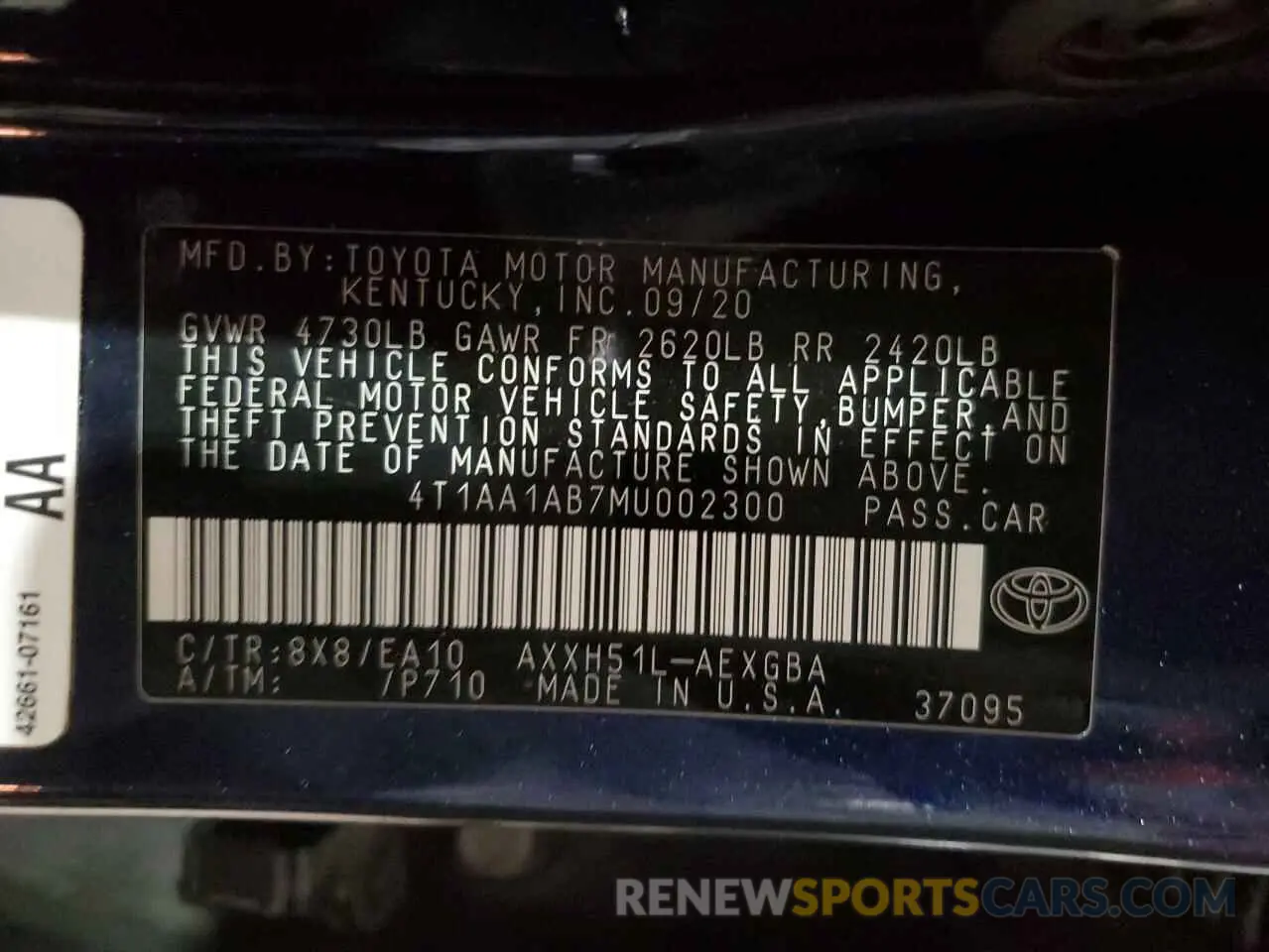 12 fotografías del automóvil dañado 4T1AA1AB7MU002300 TOYOTA AVALON 2021