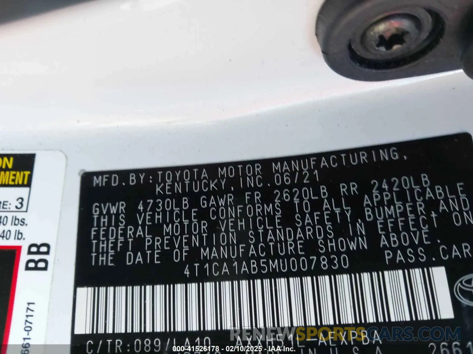 9 fotografías del automóvil dañado 4T1CA1AB5MU007830 TOYOTA AVALON 2021