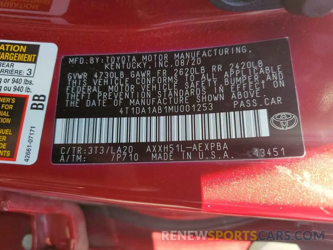 13 fotografías del automóvil dañado 4T1DA1AB1MU001253 TOYOTA AVALON 2021
