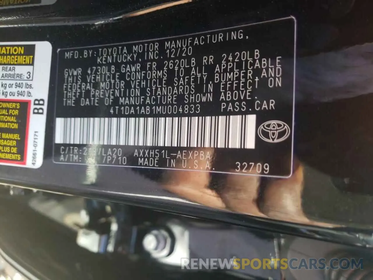 10 fotografías del automóvil dañado 4T1DA1AB1MU004833 TOYOTA AVALON 2021