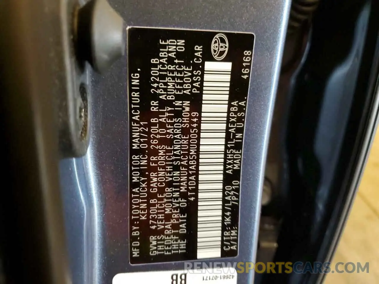 12 fotografías del automóvil dañado 4T1DA1AB5MU005449 TOYOTA AVALON 2021