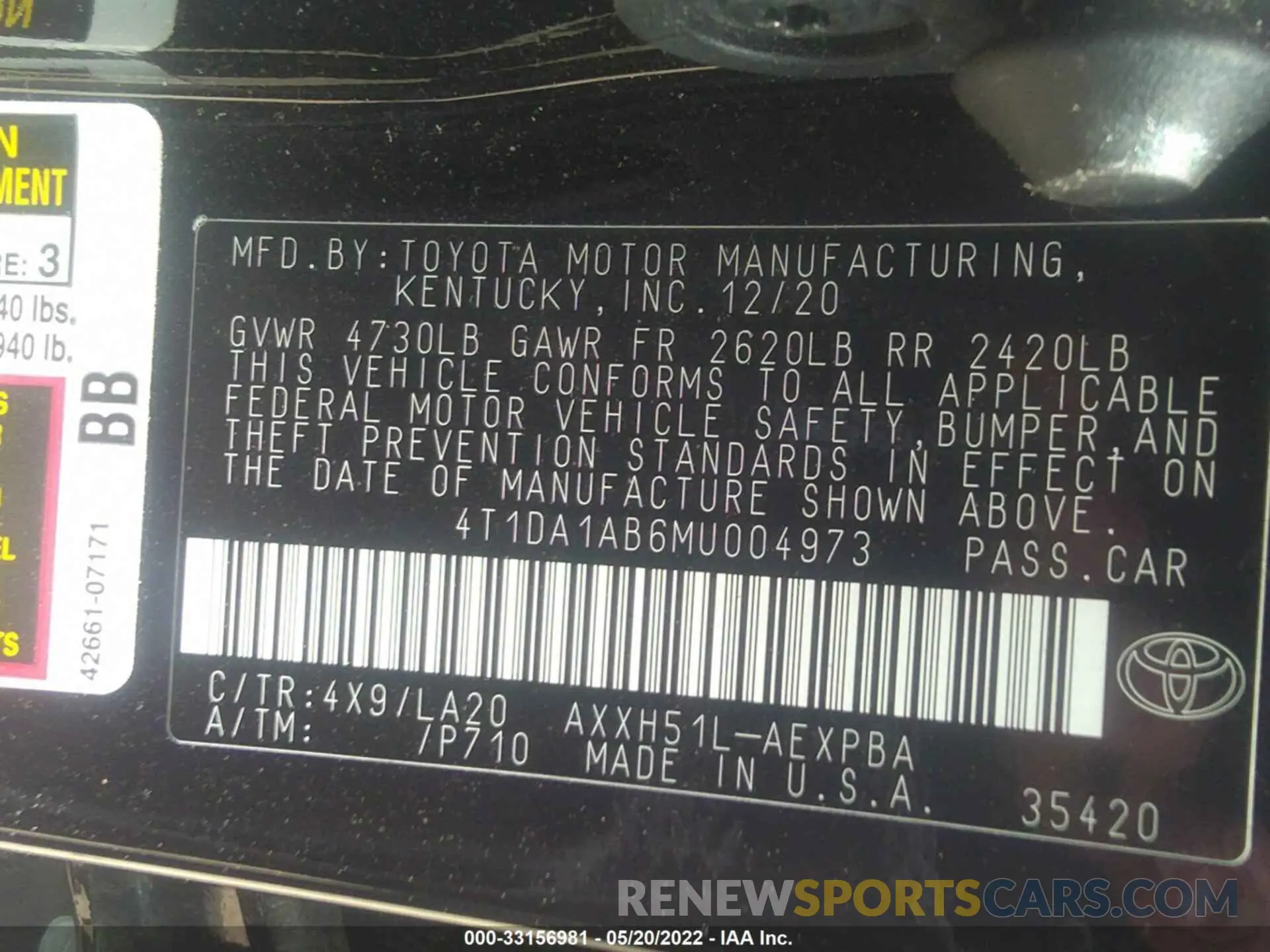 9 fotografías del automóvil dañado 4T1DA1AB6MU004973 TOYOTA AVALON 2021