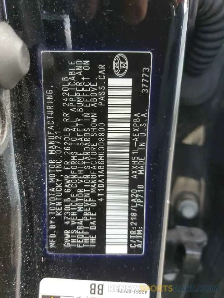 12 fotografías del automóvil dañado 4T1DA1AB6MU008800 TOYOTA AVALON 2021