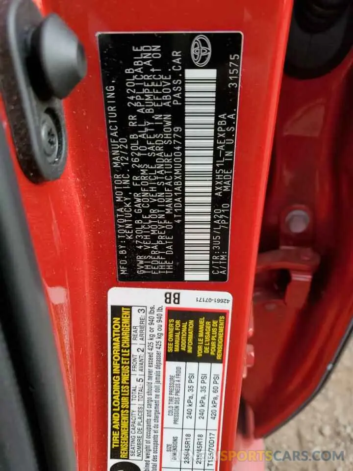 10 fotografías del automóvil dañado 4T1DA1ABXMU004779 TOYOTA AVALON 2021