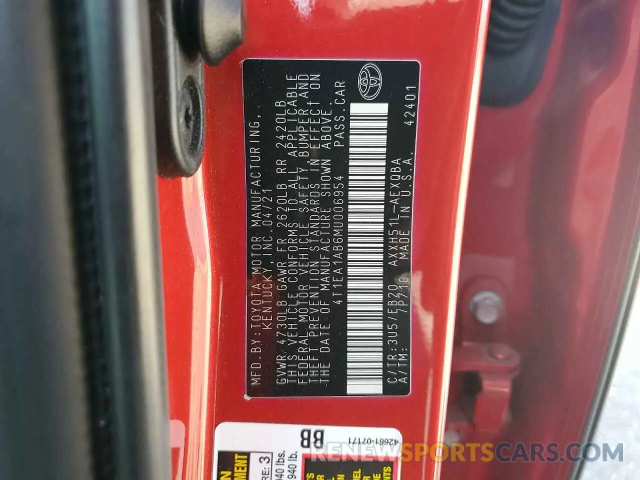 14 fotografías del automóvil dañado 4T1EA1AB6MU006954 TOYOTA AVALON 2021