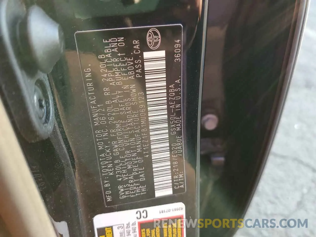 12 fotografías del automóvil dañado 4T1EZ1FB1MU069123 TOYOTA AVALON 2021