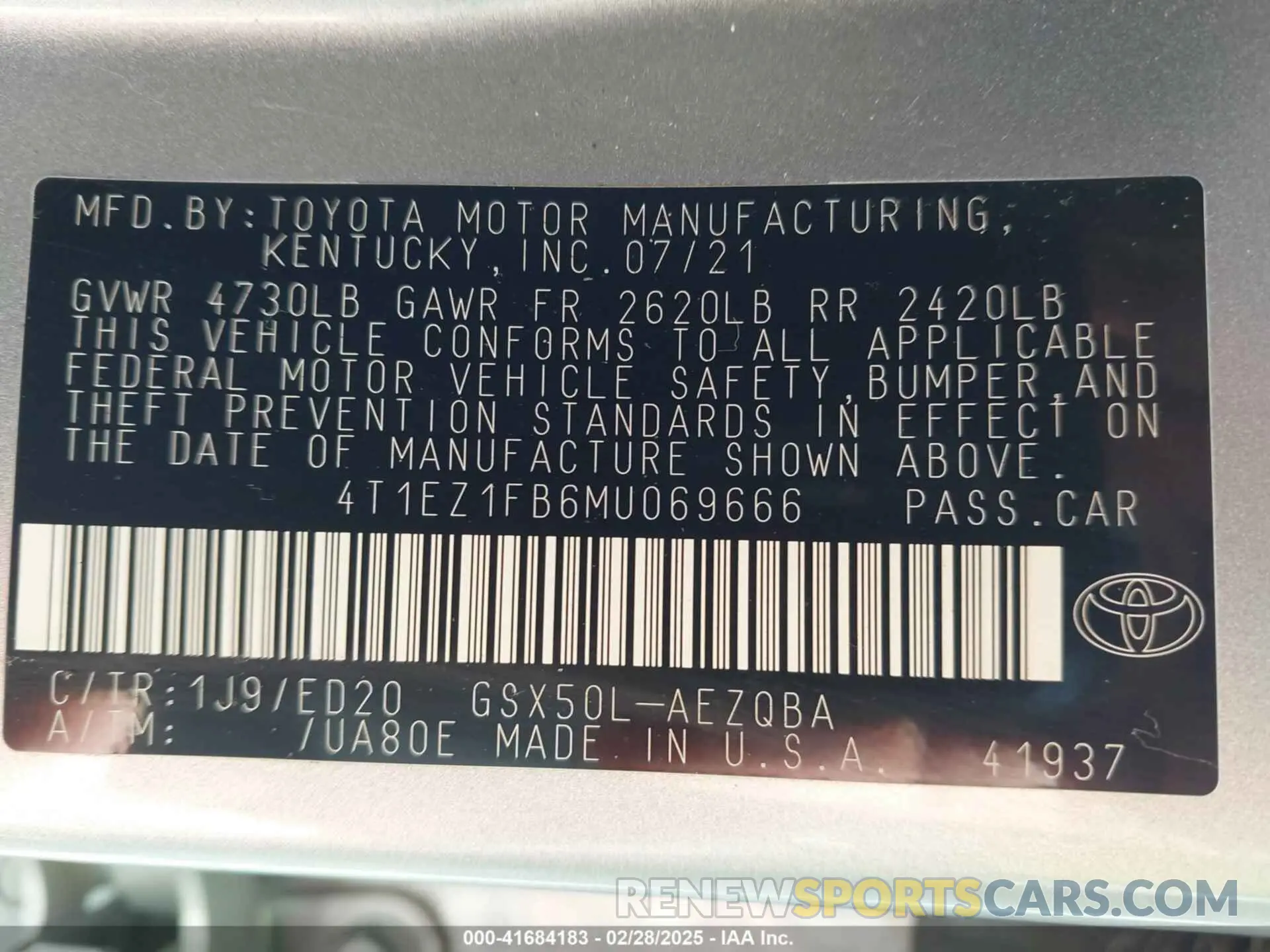 9 fotografías del automóvil dañado 4T1EZ1FB6MU069666 TOYOTA AVALON 2021