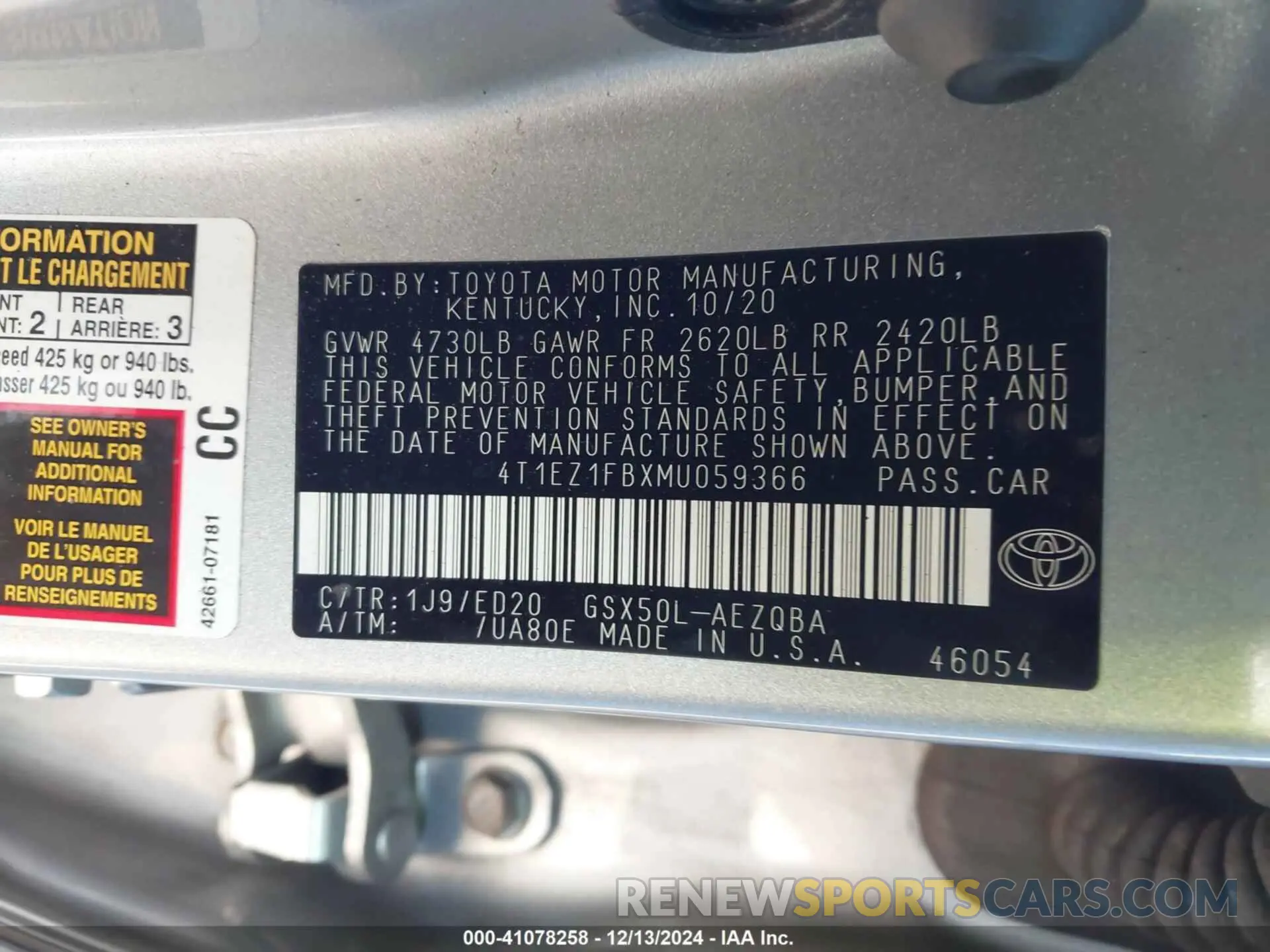 9 fotografías del automóvil dañado 4T1EZ1FBXMU059366 TOYOTA AVALON 2021