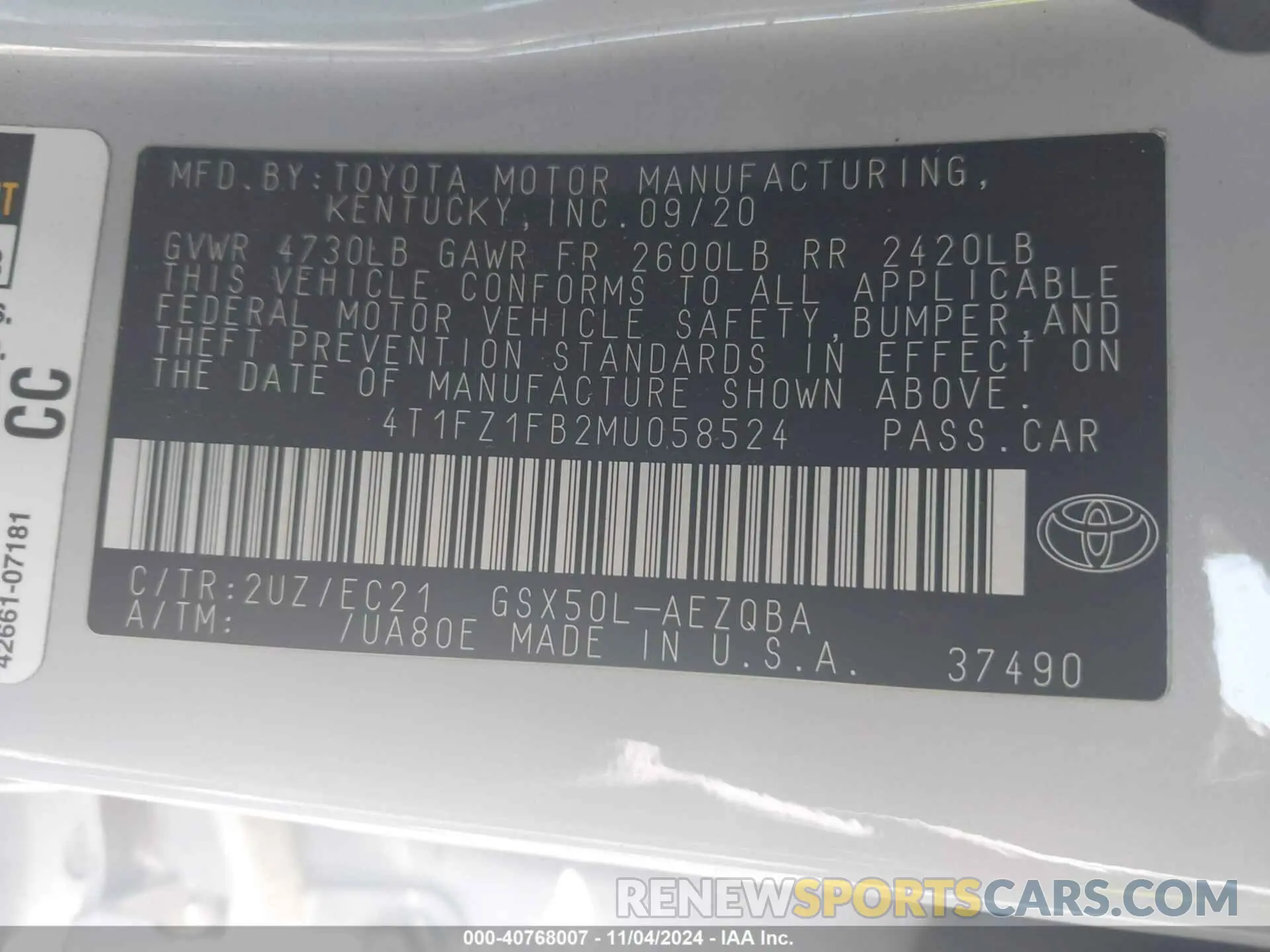 9 fotografías del automóvil dañado 4T1FZ1FB2MU058524 TOYOTA AVALON 2021