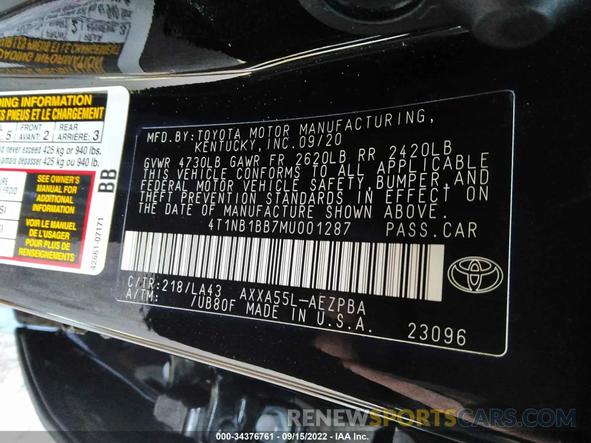 9 fotografías del automóvil dañado 4T1NB1BB7MU001287 TOYOTA AVALON 2021