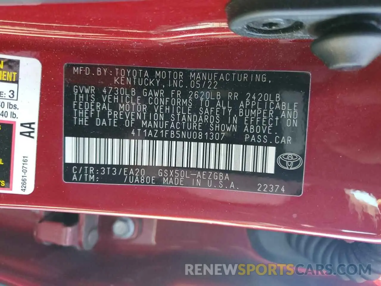 12 fotografías del automóvil dañado 4T1AZ1FB5NU081307 TOYOTA AVALON 2022