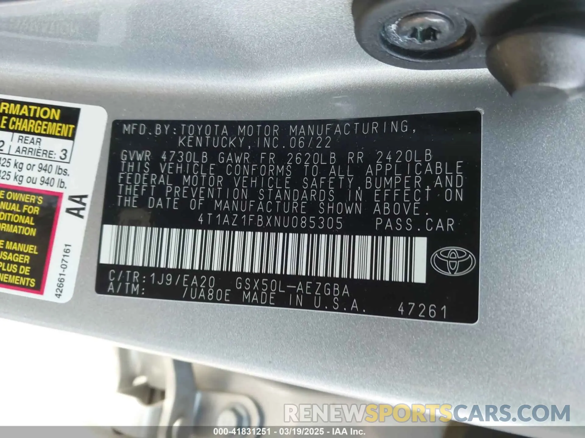 9 fotografías del automóvil dañado 4T1AZ1FBXNU085305 TOYOTA AVALON 2022