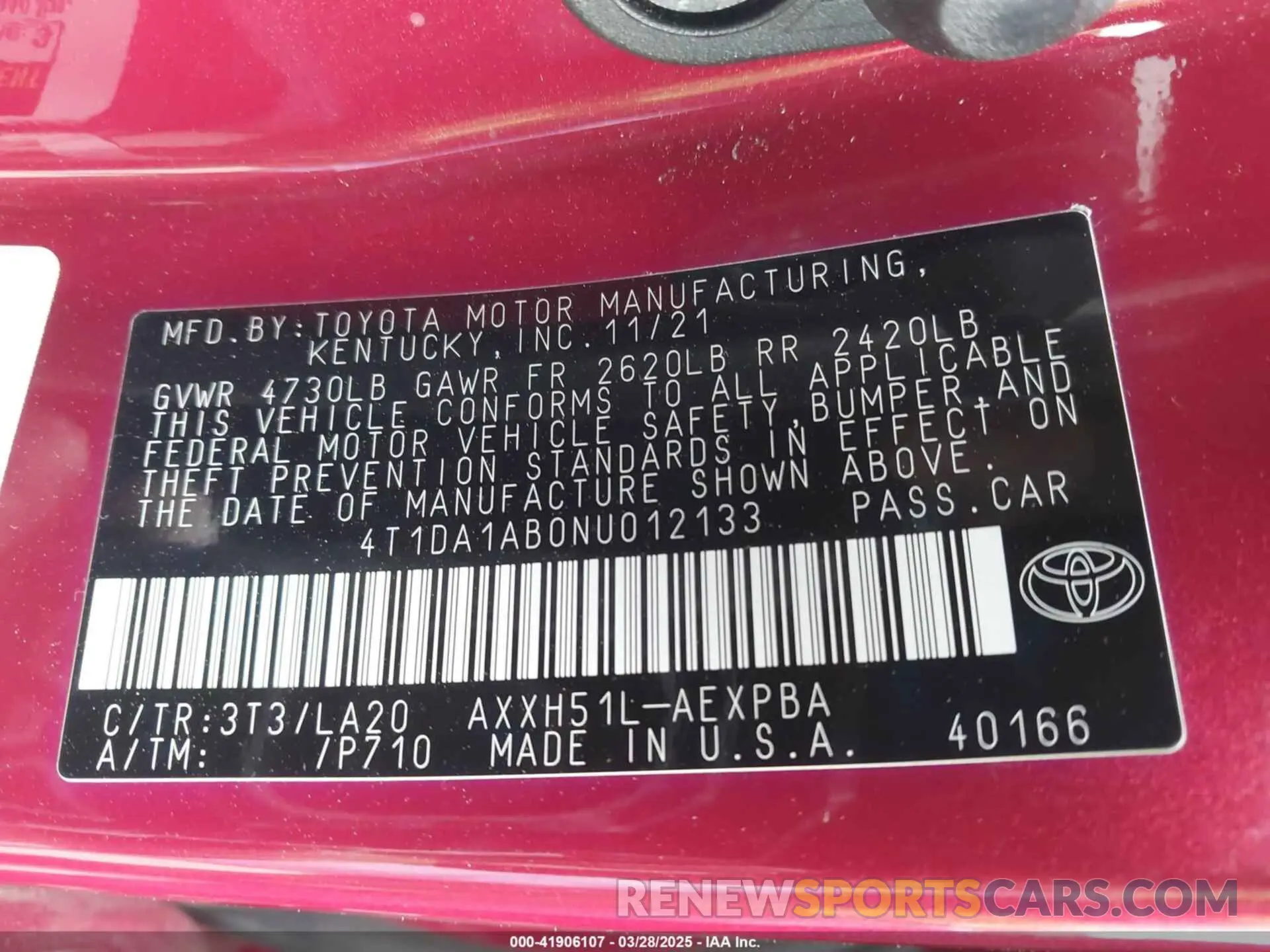 9 fotografías del automóvil dañado 4T1DA1AB0NU012133 TOYOTA AVALON 2022