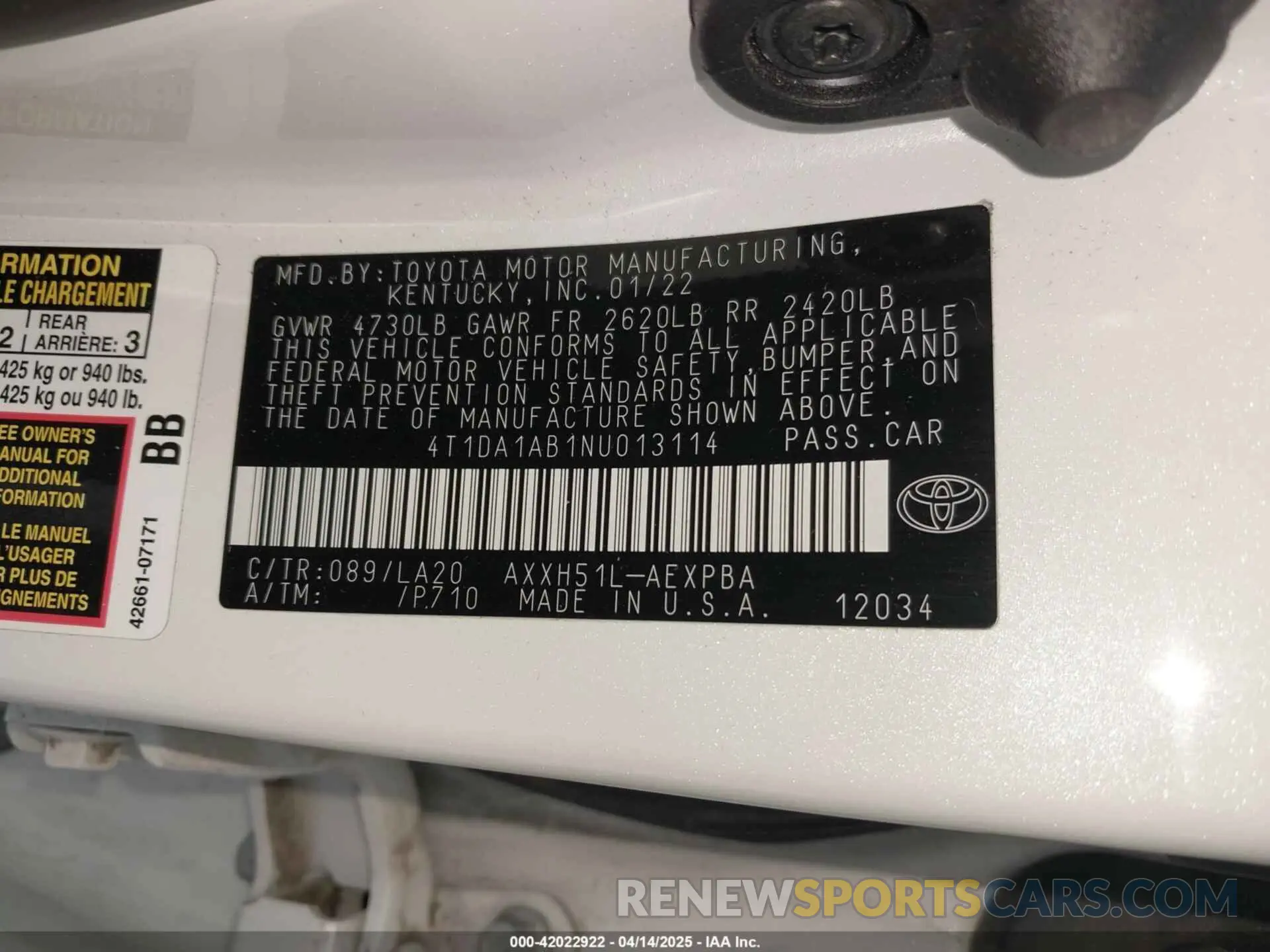 9 fotografías del automóvil dañado 4T1DA1AB1NU013114 TOYOTA AVALON 2022