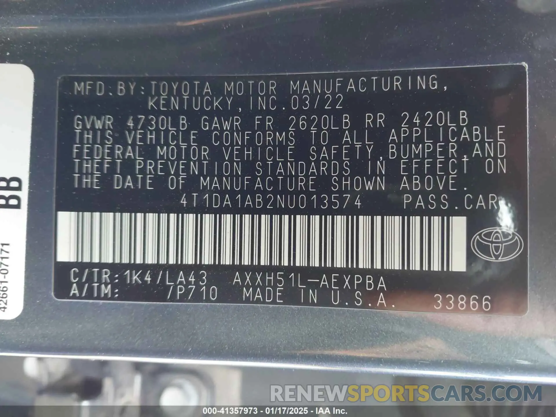 9 fotografías del automóvil dañado 4T1DA1AB2NU013574 TOYOTA AVALON 2022
